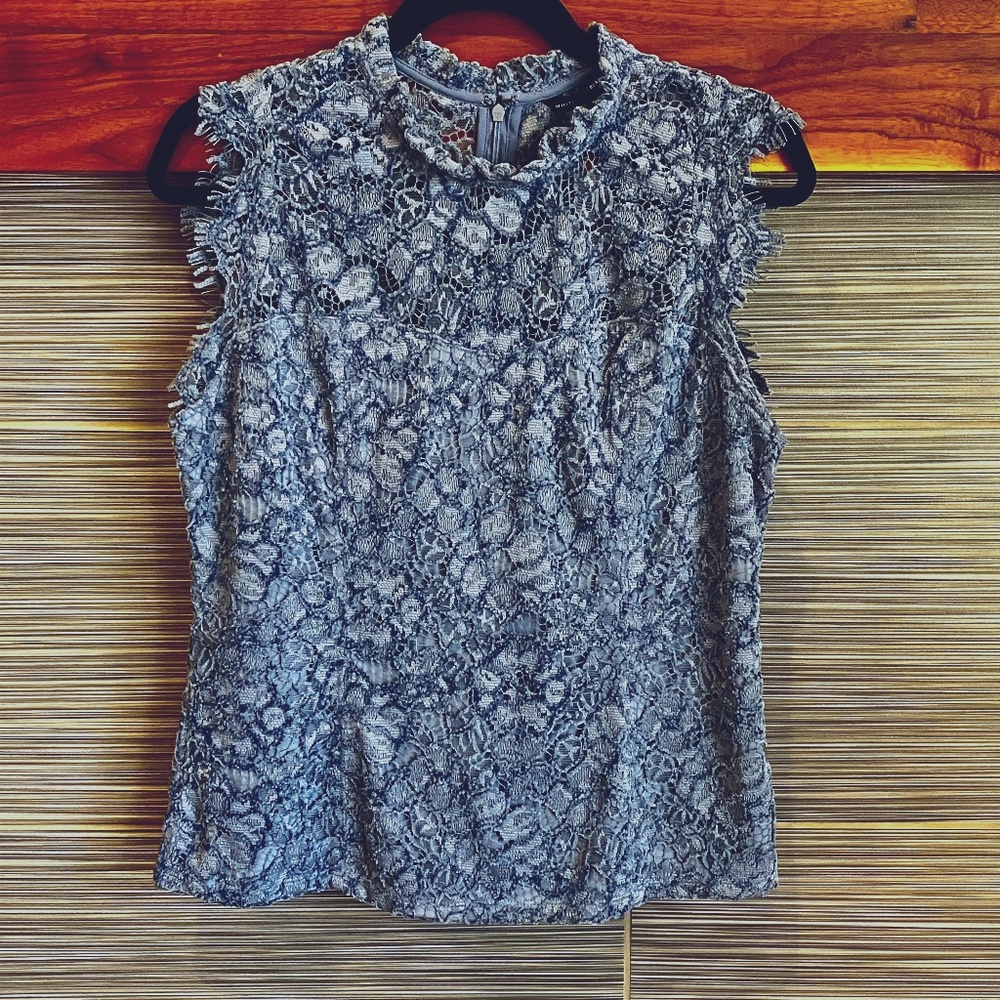 White House Black Market lace top, Size 8,  Denim Blue
